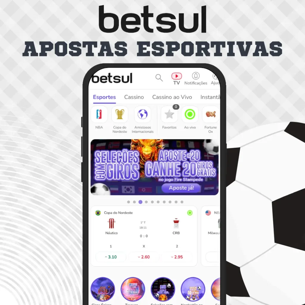 Tela de recursos esportivos para apostas na Betsul